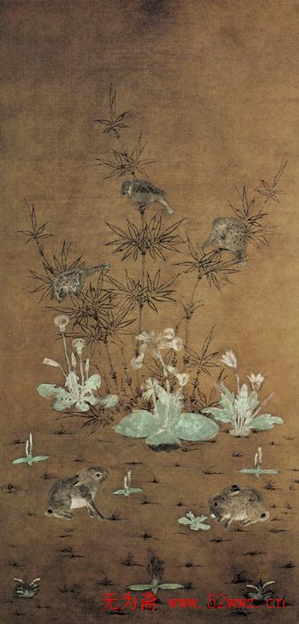 辽代花鸟画《竹雀双兔图》 图1